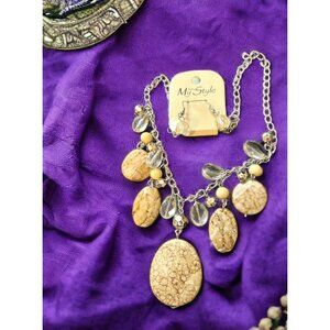 My Style Silver Chain Necklace w Clear Beads & Various Tan Marble Style Stones